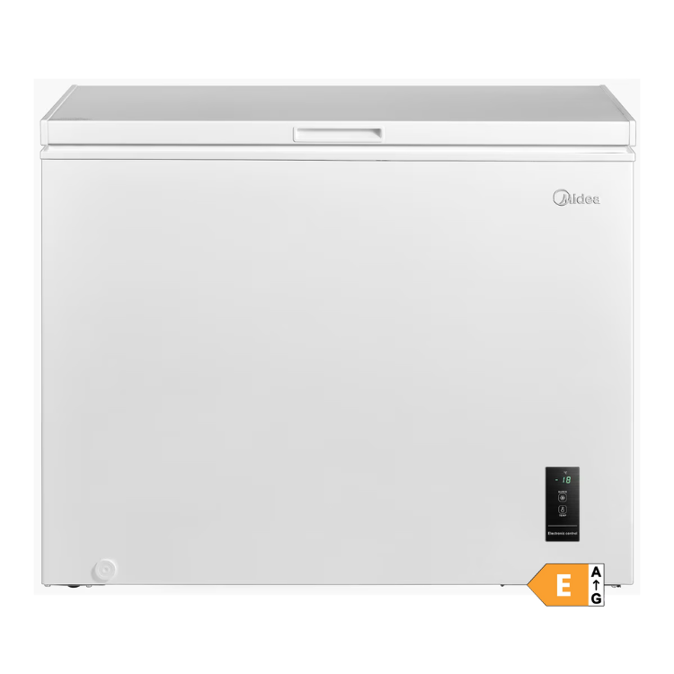 Midea 290L white horizontal freezer, MDRC405FEE01 model, with digital control panel and energy efficiency label.