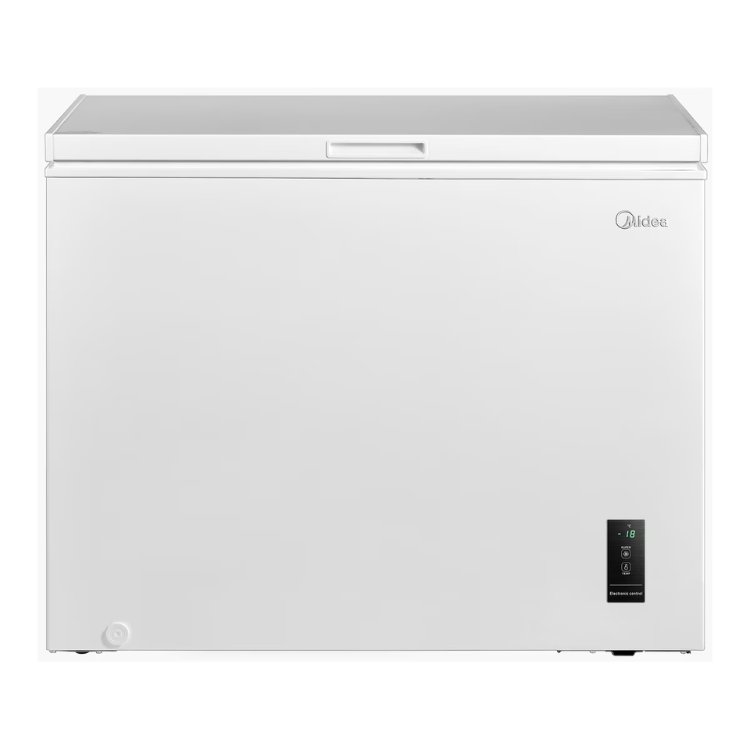 Midea 290L white chest freezer, digital display, MDRC405FEE01 model.