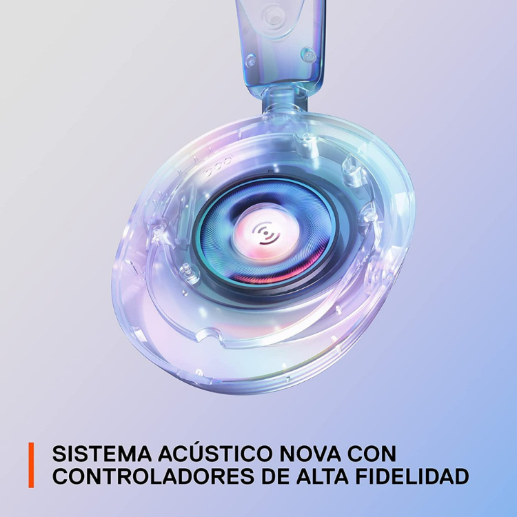 SteelSeries Arctis Nova 1 white gaming headset, transparent earcup showing blue and pink accents.