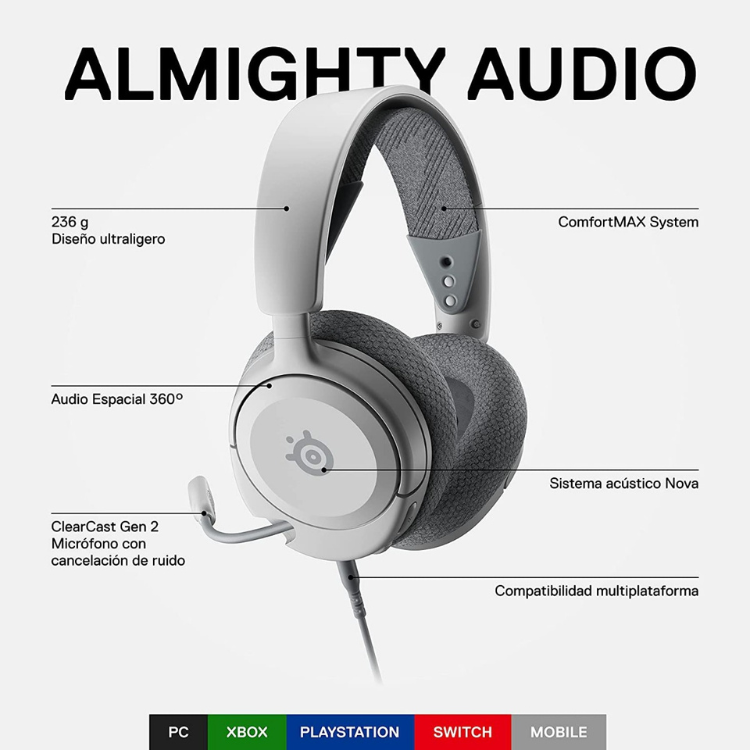 SteelSeries Arctis Nova 1 white gaming headset with grey ear cushions and headband.