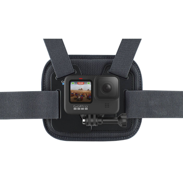 GoPro Chesty chest mount with black straps and camera