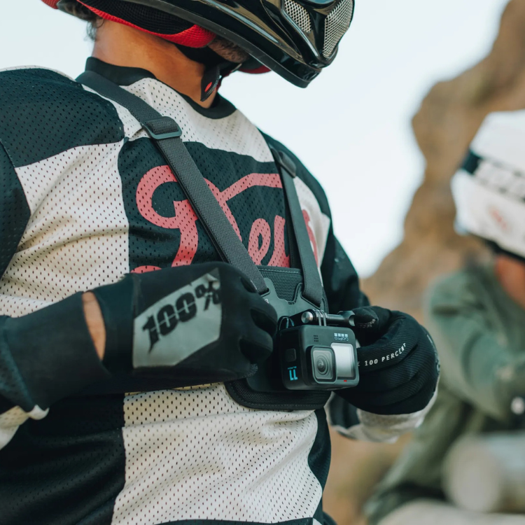 GoPro Chesty chest mount with camera on a rider's torso.