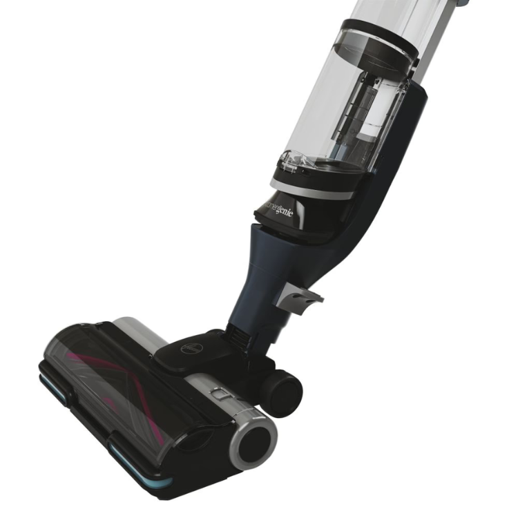 Hoover HFX20P 011 Azul upright vacuum cleaner, black and blue body with clear container.