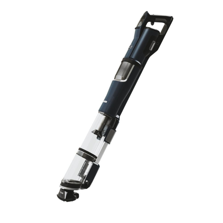 Hoover HFX20P 011 Azul handheld vacuum, black and silver, transparent dust container.
