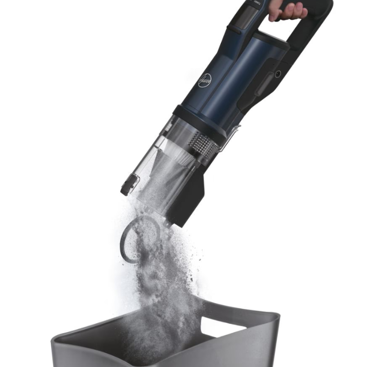Hoover HFX20P 011 blue handheld vacuum emptying dust into trash can.