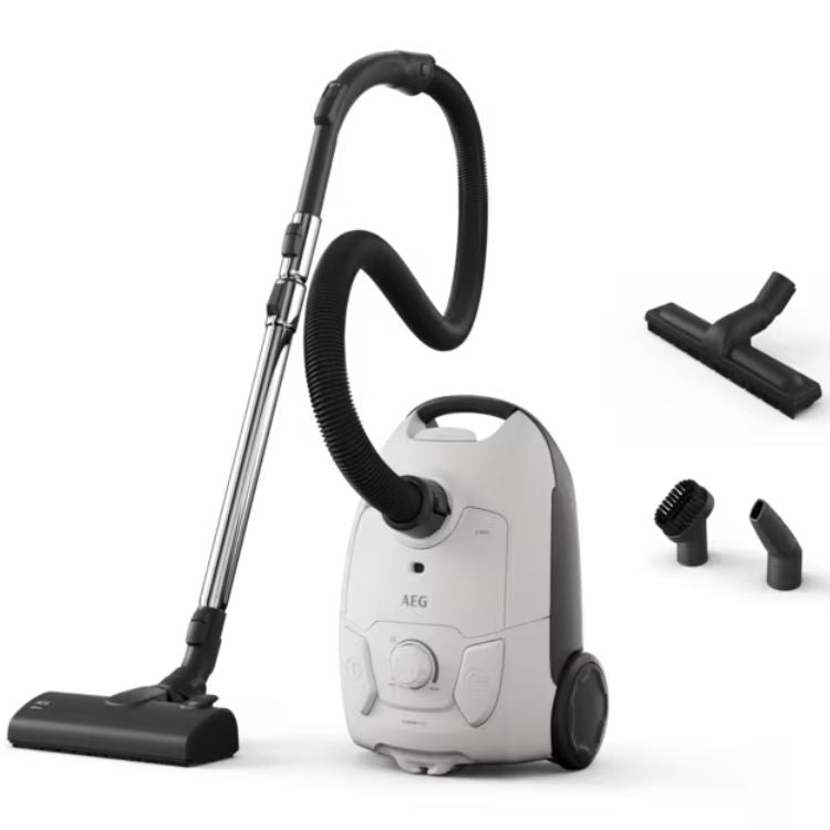 Aspirador AEG AB51C2SW branco e preto, com cabo, vertical, 3L, 650W, e acessórios.