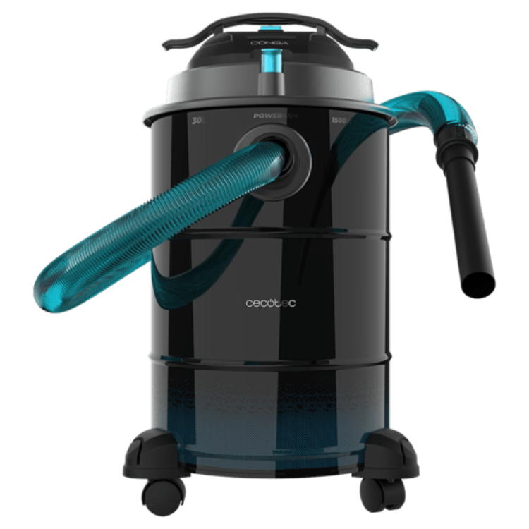 Aspirador de cinzas Cecotec Conga Ash 6000 EasyGo Home XL, preto com tubos azuis, 3 rodas, logotipo Cecotec.