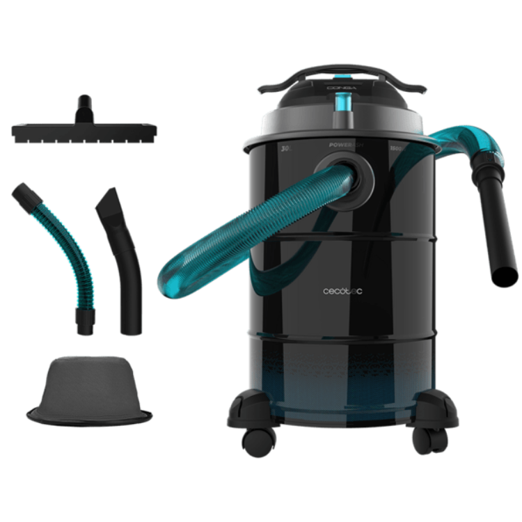 Aspirador de cinzas Cecotec Conga Ash 6000 EasyGo Home XL, preto e azul, com acessórios.