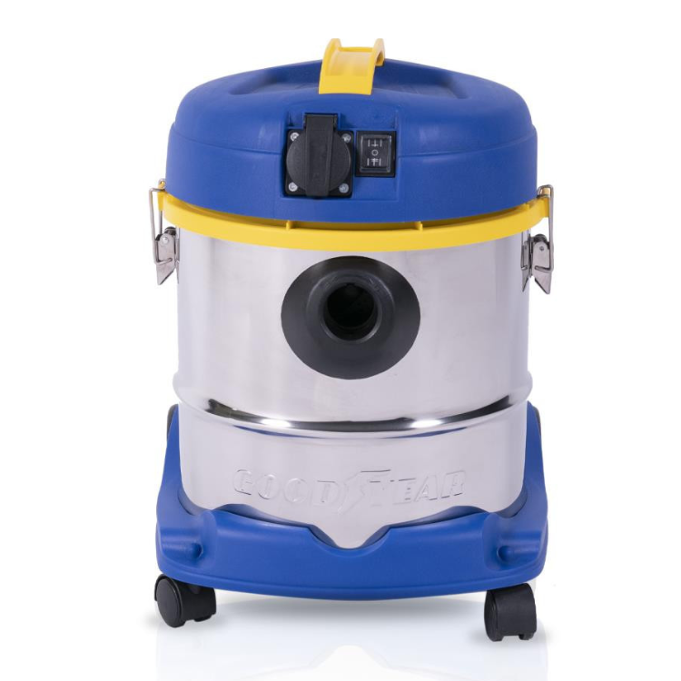 Aspirador de sólidos e líquidos Goodyear 20L, azul e amarelo, com rodas.