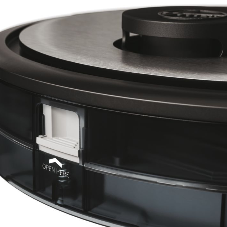 Black robot vacuum cleaner, close-up of dustbin compartment with "OPEN HERE" label, Hoover brand.