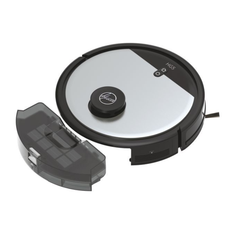 Black and silver Hoover HG510D robot vacuum with dustbin detached.