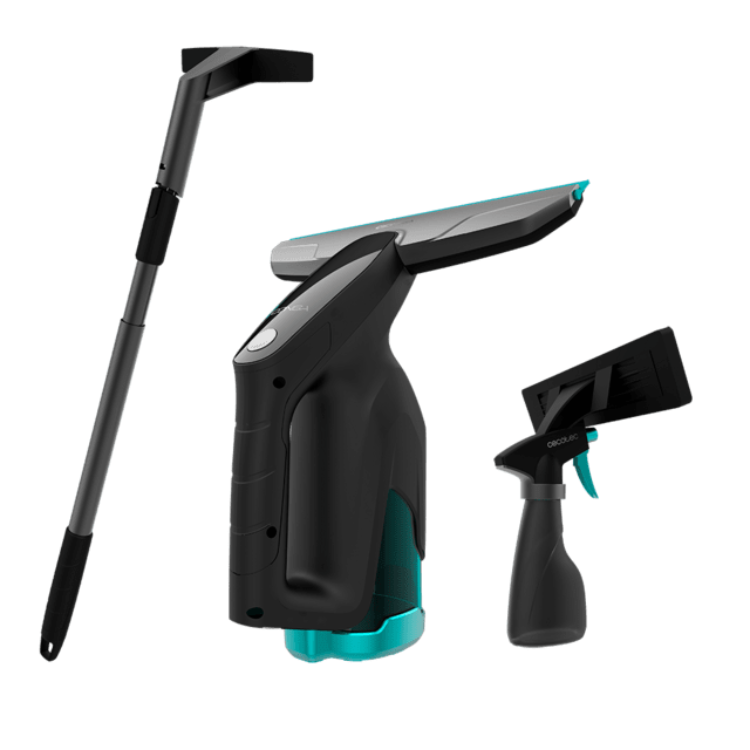Aspirador de vidros Cecotec Conga Popstar Glass Titânio, preto e azul, com três peças, incluindo um cabo alongável.