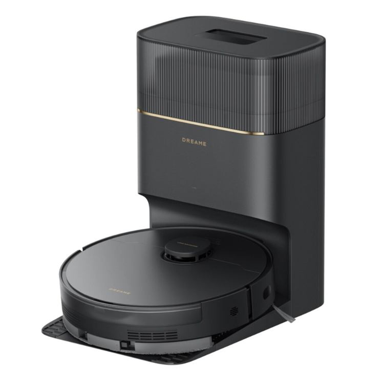 Aspirador robot Dreame D20 Pro Plus preto com estação de carregamento automática.