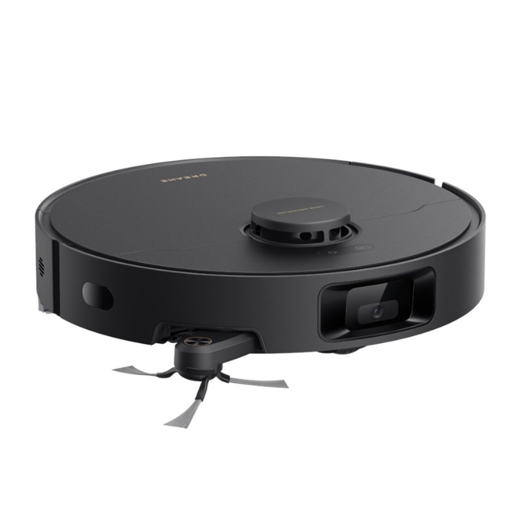 Aspirador robot Dreame D20 Pro Plus preto com estação de auto-esvaziamento, vista de lado.