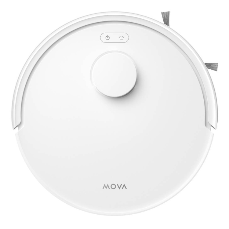 White Dreame Mova E20 robot vacuum cleaner, round with buttons and brushes.