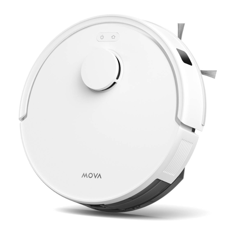 White Dreame Mova E20 robot vacuum cleaner with black base and grey brushes.
