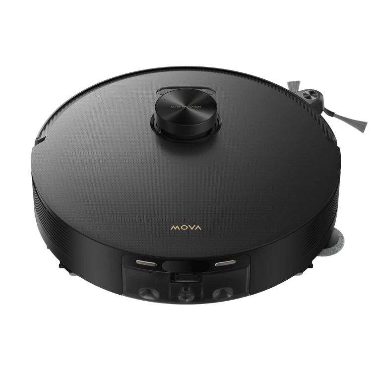Aspirador robot Mova Z50 Ultra preto com tampa redonda e logotipo Mova em baixo.