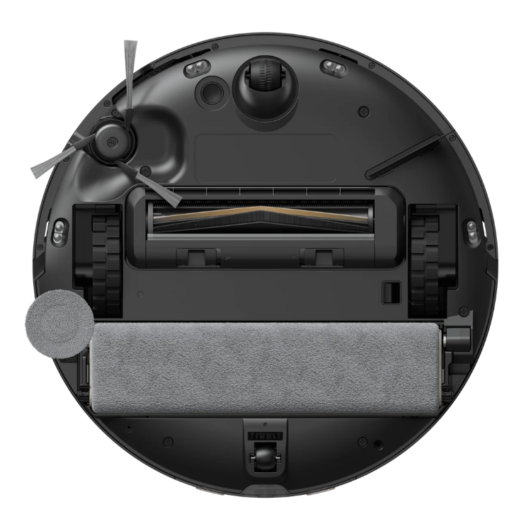 Aspirador robot Dreame Mova Z50 Ultra preto, vista de baixo, com rolos e mopa.