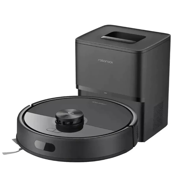 Aspirador robot Roborock Q7 TF+ preto com base de carregamento.