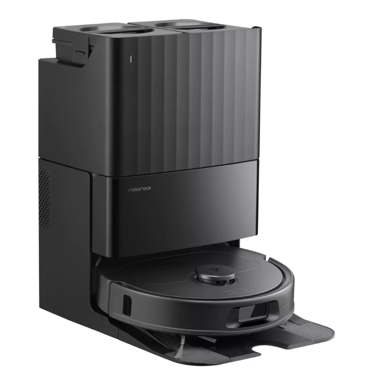 Aspirador robot Roborock QR 598 preto com base de carregamento.