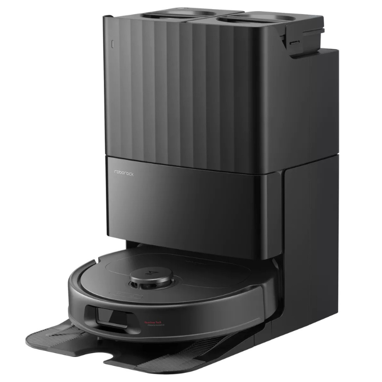 Aspirador robot Roborock QR 598 preto com base de carregamento.