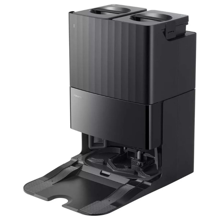 Aspirador robot Roborock QR 598 preto com base de carregamento.