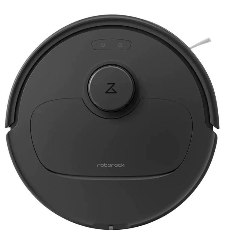 Aspirador robot Roborock preto com base de carregamento, vista de cima.