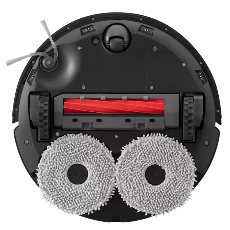Aspirador robot Roborock QR 598 preto com dois discos de limpeza e base de carregamento.