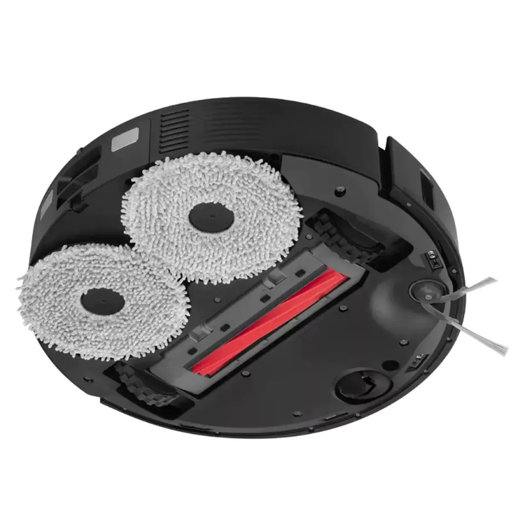 Aspirador robot Roborock QR 598 preto com dois discos de limpeza e base de carregamento.