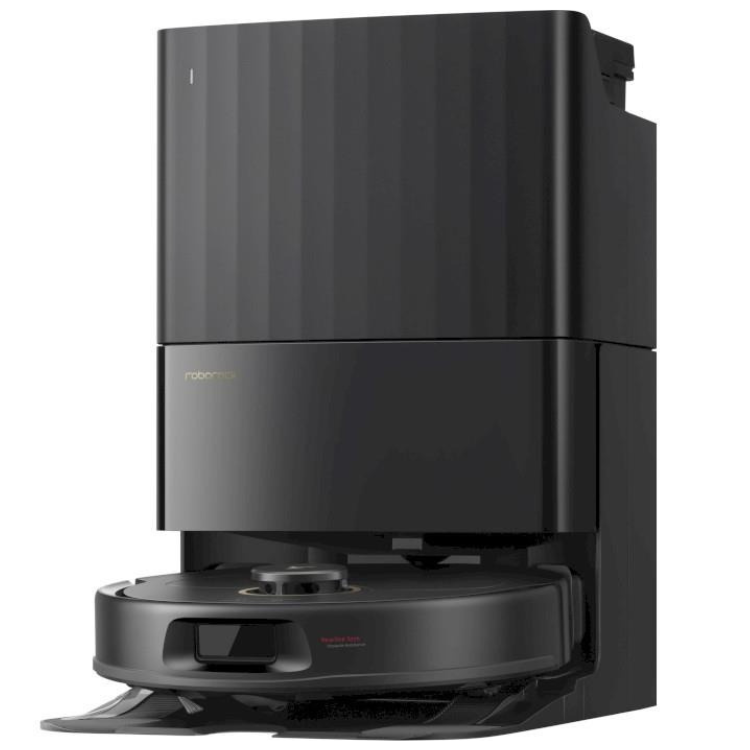 Aspirador robot Roborock Qrevo 5AE preto com estação de carregamento, controlo por app para limpeza diária eficiente.
