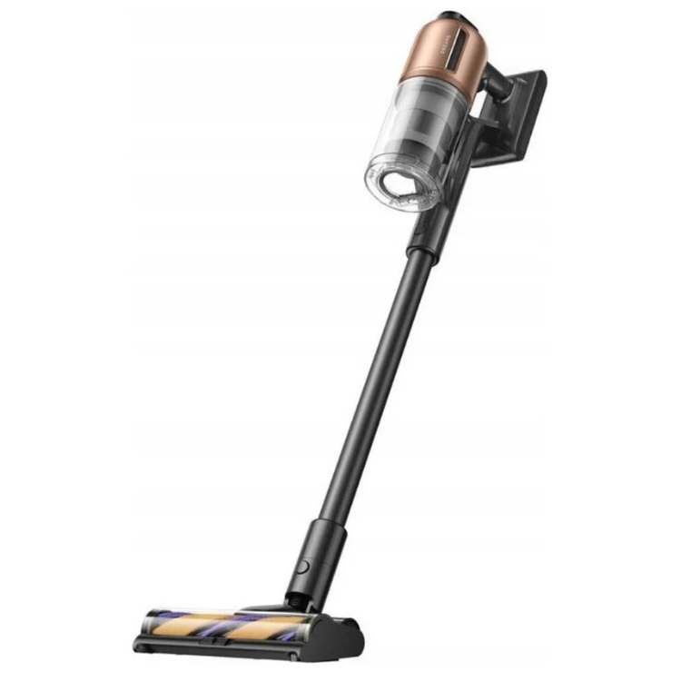Dreame Z20 cordless vacuum, black and rose gold, with clear dustbin and purple and yellow roller brush.