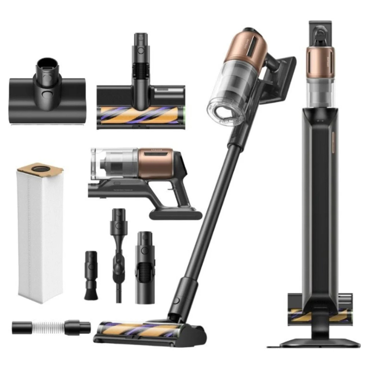 Dreame Z20 cordless vacuum, black with rose gold accents, and accessories.