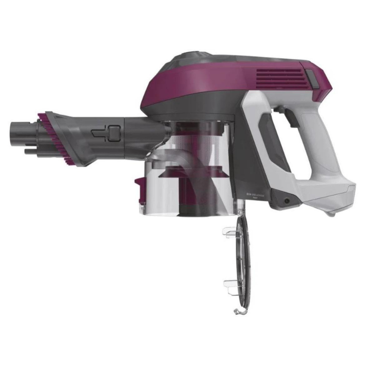 Aspirador vertical sem fios Hoover HF1 160W, magenta, com punho ergonómico e bocal destacável.