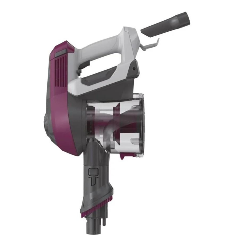 Aspirador vertical sem fios Hoover HF1 160W magenta com base e recipiente transparente.