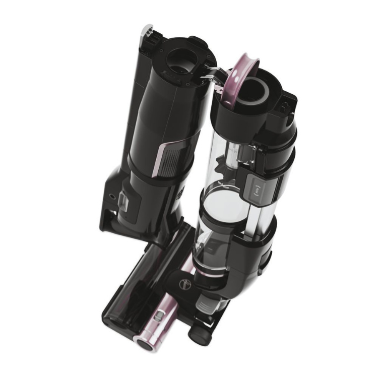 Black Hoover HFX10P 365W vertical vacuum with clear dust container and pink accents.