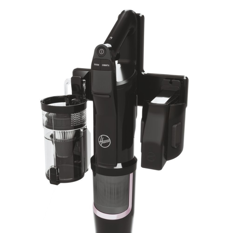 Black Hoover HFX10P 365W vertical vacuum cleaner with clear dust container.