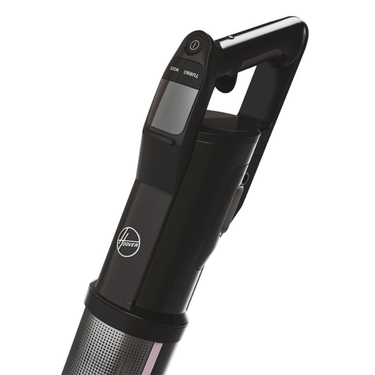 Black Hoover HFX10P vertical vacuum handle with control panel and logo.