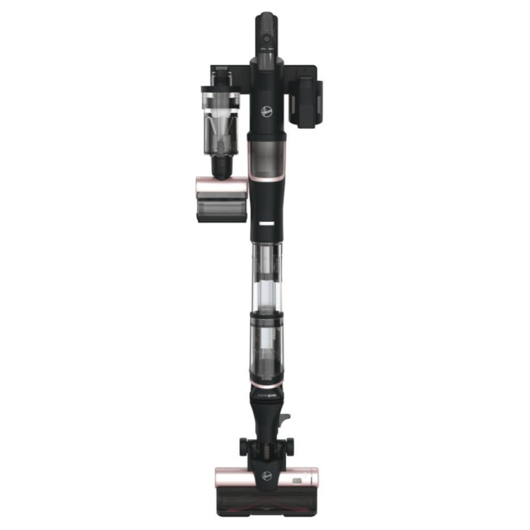 Black upright vacuum cleaner, Hoover HFX10P, 365W, with clear and silver accents.
