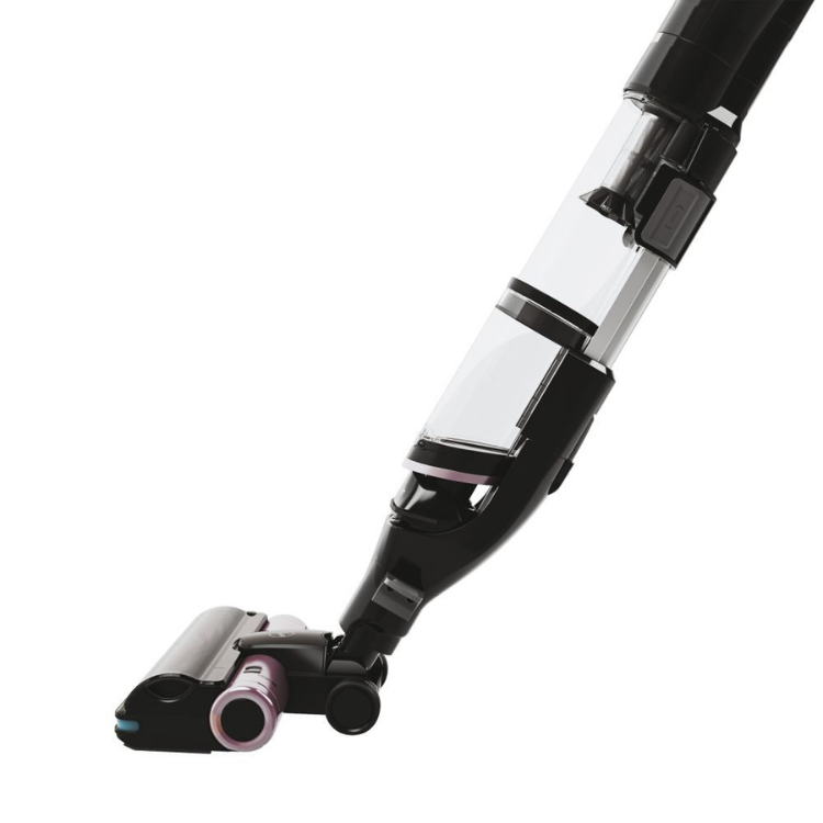 Black upright vacuum cleaner, Hoover HFX10P, 365W, with clear and black body.