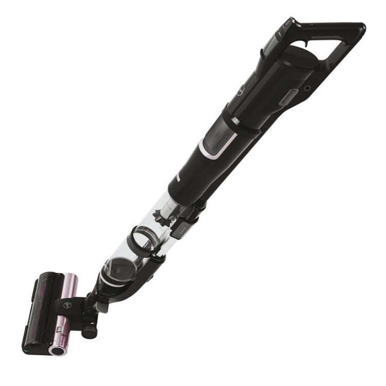 Black Hoover HFX10P 365W handheld vacuum cleaner with clear dust container.