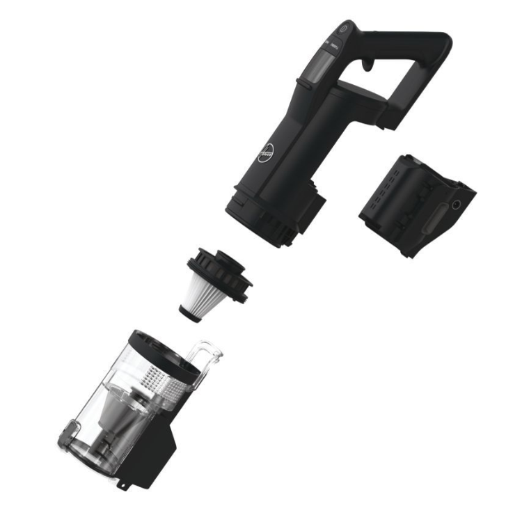 Black Hoover HFX10P 365W handheld vacuum cleaner with detachable parts.