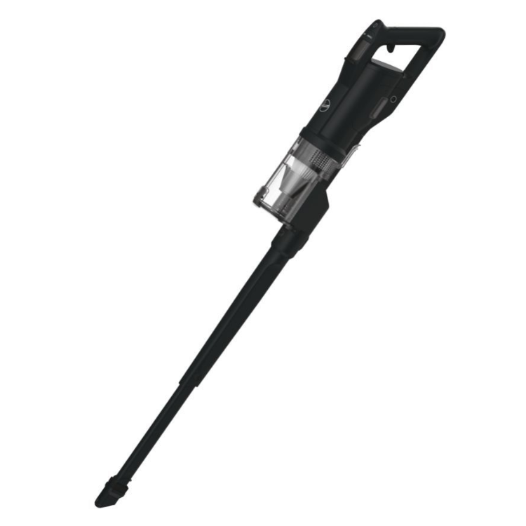 Black upright vacuum cleaner, Hoover HFX10P, 365W, handheld design with long nozzle and clear dust container.