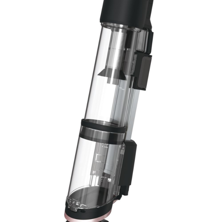 Black upright vacuum cleaner, Hoover HFX10P, 365W, transparent dust container.