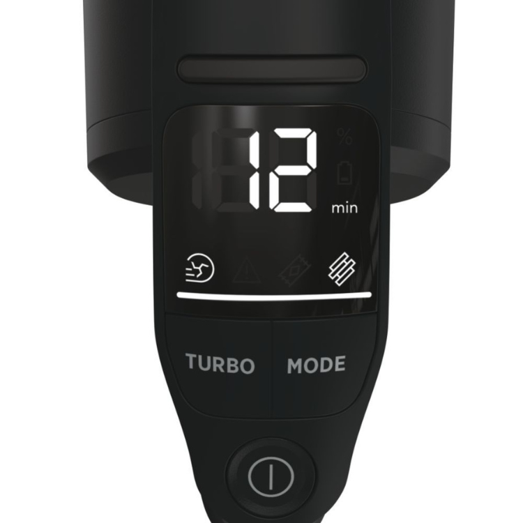 Black Hoover HFX10P vacuum control panel, 12 minutes remaining, turbo mode button.