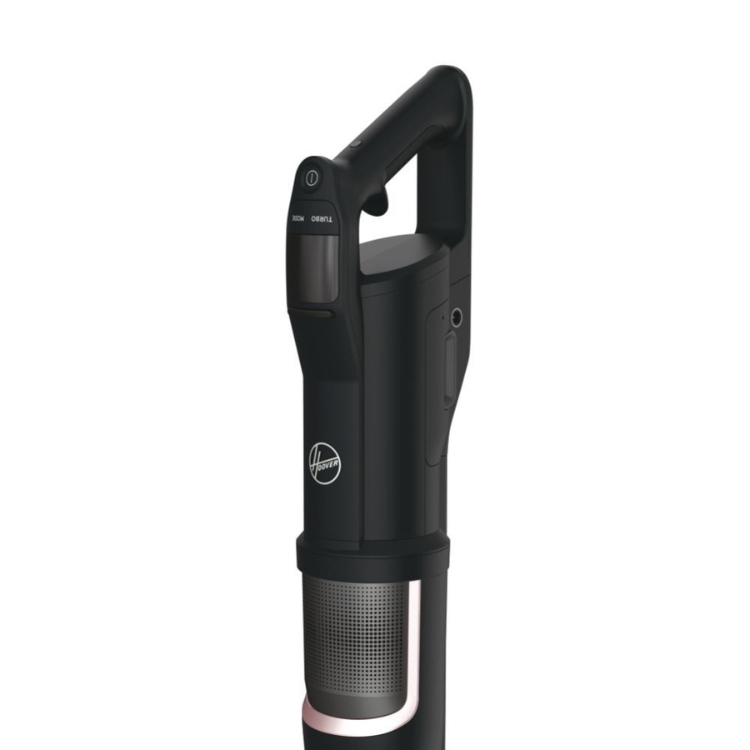 Black Hoover HFX10P vertical vacuum cleaner handle with silver logo and mesh filter.