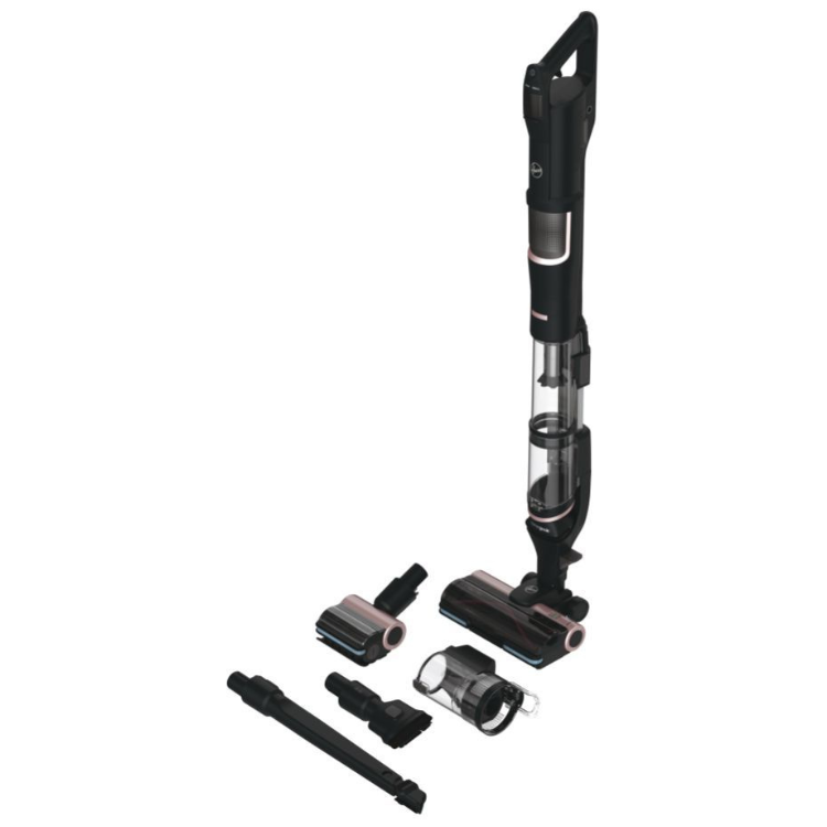 Black upright vacuum cleaner with attachments, Hoover HFX10P 365W.