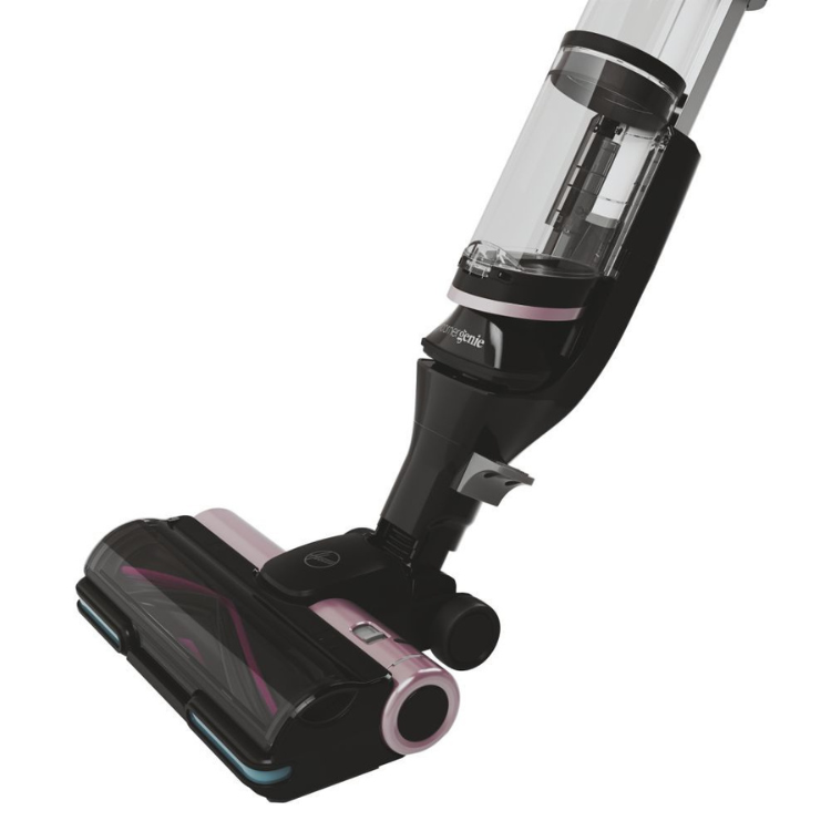 Black and pink Hoover HFX10P vertical vacuum cleaner with clear container.