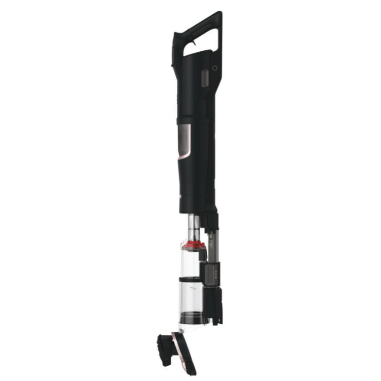 Black upright vacuum cleaner, Hoover HFX10P, 365W, disassembled to show transparent dust container and red filter, on white background.
