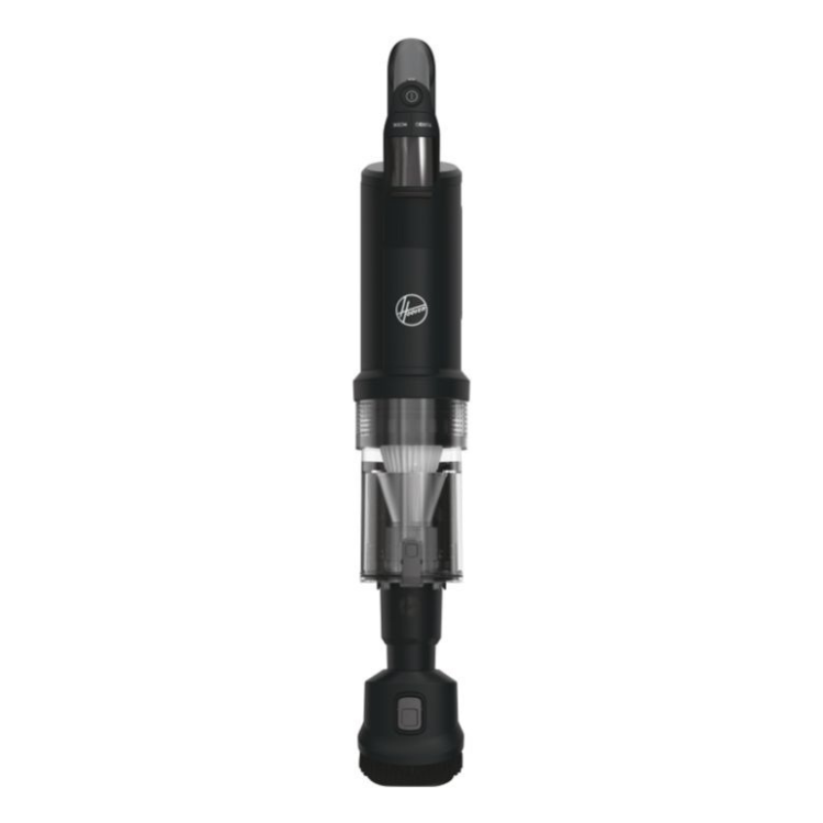 Black upright vacuum cleaner, Hoover HFX10P, 365W, transparent dust container, sleek design.