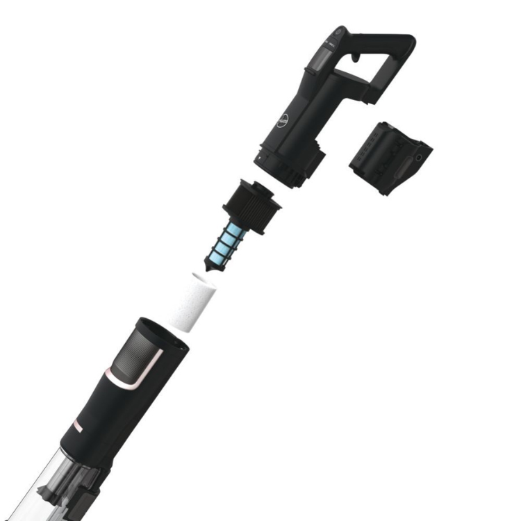 Black Hoover HFX10P 365W handheld vacuum parts, disassembled.